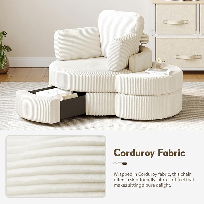 MEISSALIVVE Swivel Accent Chair with Half Moon Ottoman Round Chairs with Drawer Storage for Living Room 360° Barrel Chair with USB Charging Port (White Corduroy)