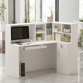 Homsee Reception Desk L-Shaped Office Desk with Counter 1 Door Storage Cabinet 1 Lockable Drawer Hutch Shelf &amp Keyboard Tray White