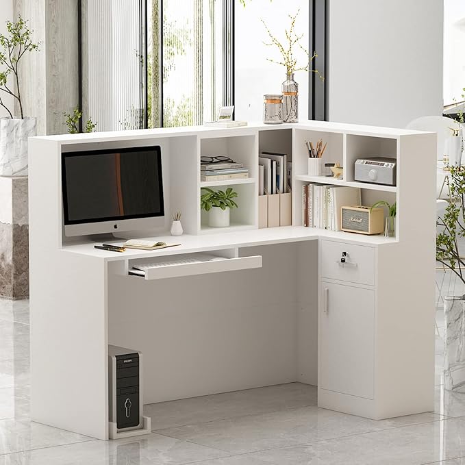Homsee Reception Desk L-Shaped Office Desk with Counter 1 Door Storage Cabinet 1 Lockable Drawer Hutch Shelf &amp Keyboard Tray White