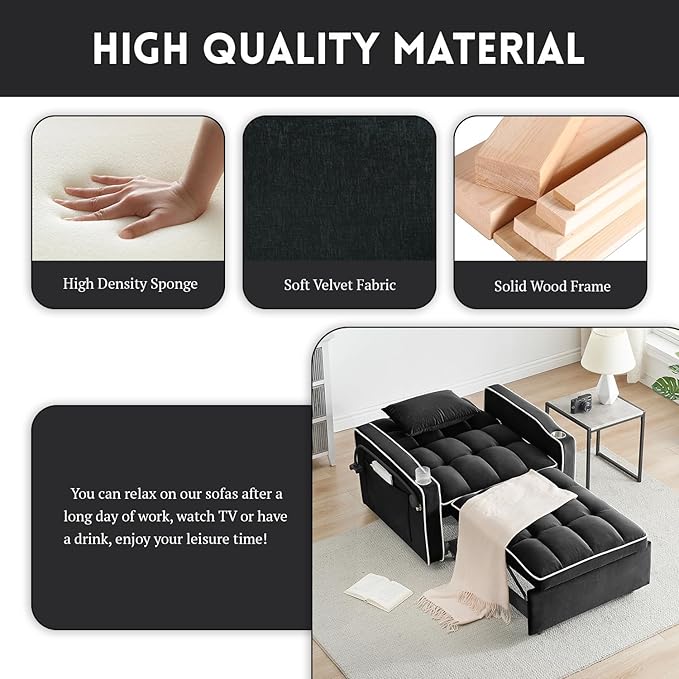 3 in 1 Sleeper Sofa Chair BedVelvet Convertible Sleeper SofaPull Out Bed Chair with USB Port &amp Ashtray and Swivel Phone Stand &amp Storage Pockets Modern Singer Sofa for Living Room