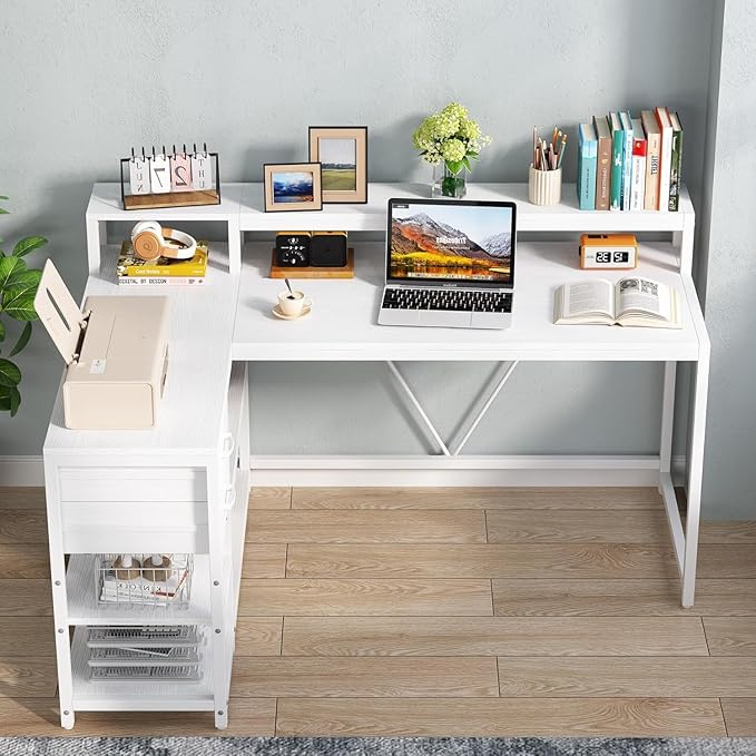 47'' L Shaped Gaming Desk with Power Outlets Reversible Corner Computer Desk with Monitor Stand Storage Shelves Side Bag Home Office Desks for Home Office Gaming (White 55 Inch)