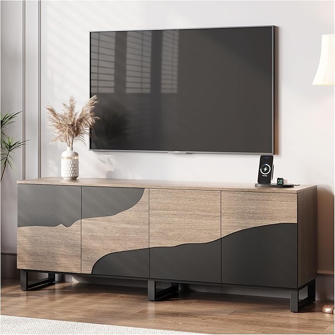 70 TV Stand with Power Outlet Black Large TV Stands for 75 Inch TV Entertainment Center TV Cabinet with Storage and Adjustable Shelf Live Edge TV Console Table for Bedroom Living Room