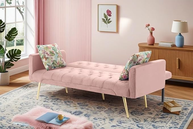 Futon Sofa Bed Convertible Futon Couch with Adjustable Backrest 68.31” Folding Sofa Bed with 2 Pillows &amp Metal Legs Sleeper Loveseat with Armrest for Home Office Pink