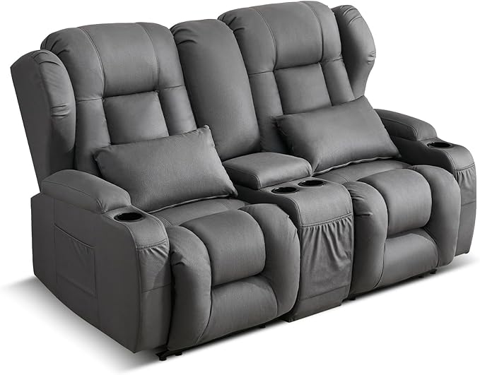 Loveseat Recliner SofaRV Wall Hugger Recliners for Small SpacesReclining Loveseat Sofa Recliner with Cup Holders/Lumbar PillowsRV Furniture (Gray Loveseat with Console)