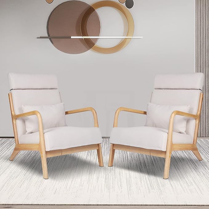 LUCKYERMORE Modern Accent ChairSet of 2 Reading Armchairs with Adjustable Headrest Upholstered Linen Lounge ChairSolid Wood Comfy Chair for Living Room Bedroom Apartment Beige