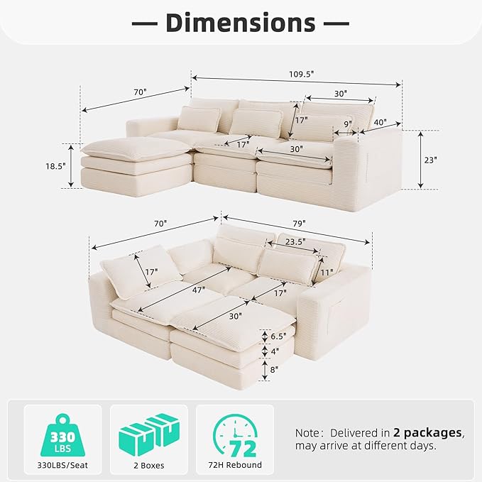 109 Sectional Couches Boneless Modular Sofa for Living Room with Ottoman | No Assembly Required Sofa Bed L shaped Couch | Corduroy Deep Seat Couch with Double Layer Cushion &amp Removable Cover | Be