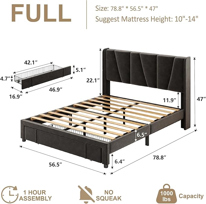 Full Bed Frame with Storage Drawers Velvet Upholstered Full Size Platform Bed with 47 Tall Headboard and Wingboard No Box Spring Needed Noise Free Easy Assembly Wooden Support Slats Black