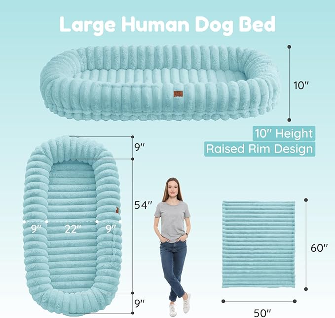 Human Dog Bed for Adult - Luxury Striped Faux Fur Giant Dog Bed with Portable Handle Egg Orthopedic Foam Pad with Thick Blanket 72x40x10 Blue