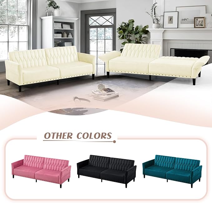 77” Velvet Sofa Bed with Adjustable Armrests and BackrestsTufted Convertible Futon Couch with Nailhead Trim Loveseat Modern Velvet Sleeper Sofa for Living RoomBedroomOffice Beige