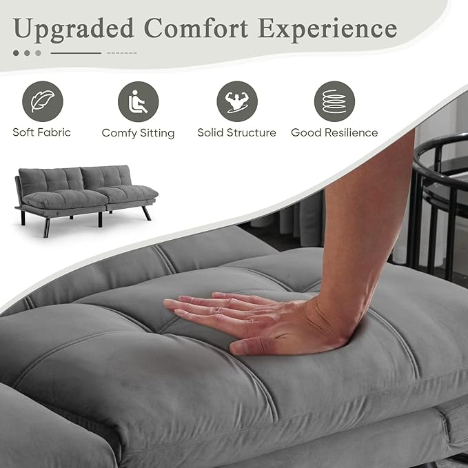 Convertible Velvet Futon Sofa Bed Comfy 72 L Sleeper Couch with Thicker Cushion Upholstered Modern Reclining Loveseat Folding Sofa for Small Living Room Dorm Apartment Office Light Gray