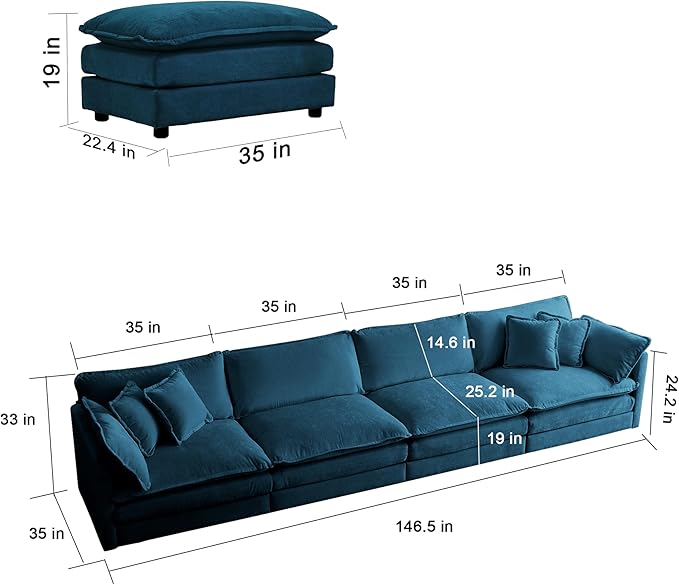 ERYE Shaped Oversized Sectional Sofa Modern Deep Seat Reversible Chaise Sofa&ampCouch with Movable Ottoman Modular Sleeper Upholstered Couch for Living Room Apartment Studio Office 146.5 Blue/