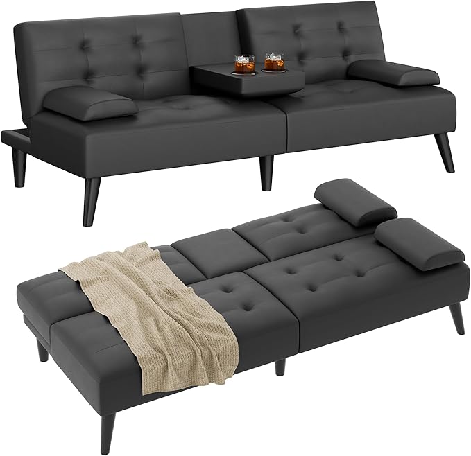 Shintenchi Futon Sofa Bed Leather Foldable Couch Reclining Sleeper with Removable Armrests Upholstered Loveseat Sofa Couch with Folding Cup Holders for Home Office(Black)