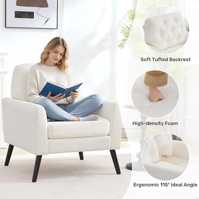 Accent Chair Set of 2 Mid Century Modern Living Room Chairs Upholstered Armchair with Tufted Back &amp Wood Legs Single Sofa Reading Side Chair for Bedroom Office Waiting Room White