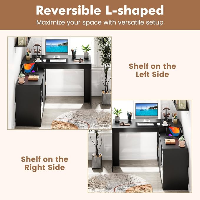 Giantex 48 Reversible L-Shaped Computer Desk Modern Corner Computer Workstation with 2 Doors &amp 4 Open Storage Cubes Large Executive Desk for Home Office White/Black (Black)