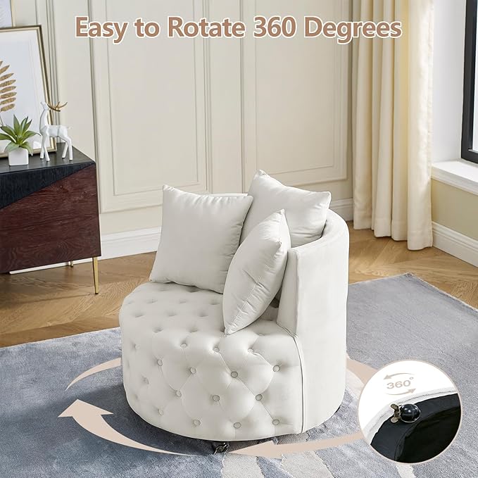 LLS Swivel Barrel Chair Velvet Accent Barrel Chair with 3 Pillows and 4 Wheels 360 Degree Sofa Chair Modern Button Tufted Upholstered Accent Chair for Living Room Bedroom Beige
