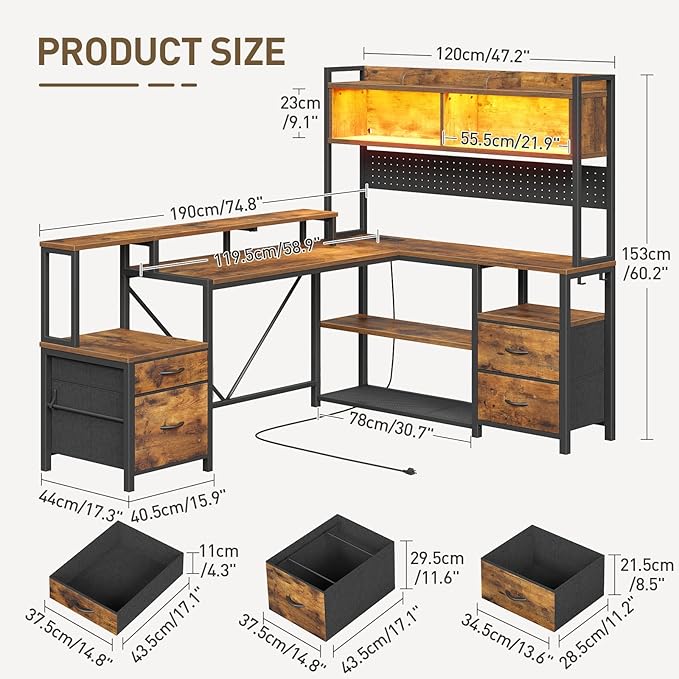 75inch L Shaped Computer Desk with Drawers Large Gaming Desk with LED Light &amp Power Outlets Corner Computer Desk with Storage Shelves &amp Monitor Stand for Home OfficeRustic Brown and Black