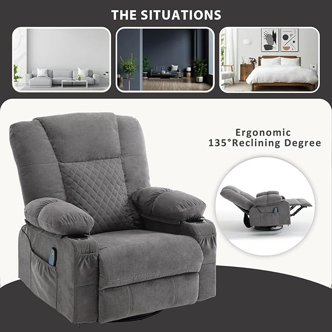 Rocker Recliner Chair with Heat and Massage Wide Seat Overstuffed Fabric Reclining Chair for Living Room Nursery Glider Rocking Chair Swivel Recliner with Cup Holder Grey