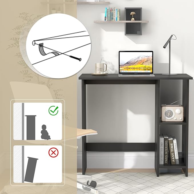 Tangkula Computer Desk with Storage Shelves Modern Small Writing Desk with Adjustable Shelf Space Saving Laptop PC Desk with Anti-Toppling Kit Wooden Kid’s Study Desk (Black)