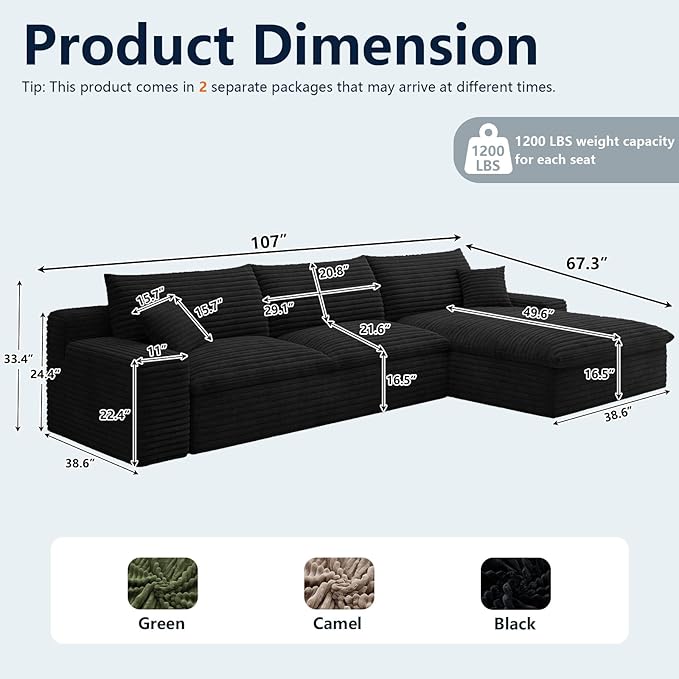 107”Cloud Sectional Couch Boneless Sofa for Living Room Modular Sectional Sofa with Deep Seat Fluffy Comfy Couch with L-Shaped Chaise No Assembly Required Comfy Upholstered Corduroy Couches