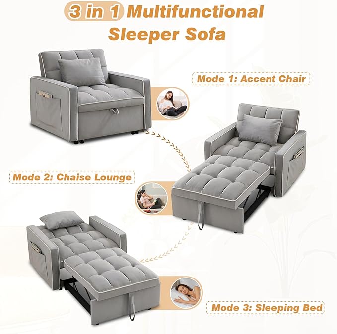 35-inch Futon Sofa Chair with Pull Out Bed Modern Tufted Velvet 3 in 1 Convertible Sleeper Sofa Chair with a Pillow for Small Space Living Room Apartment Bedroom Grey