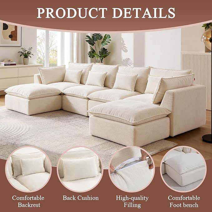 130 Oversized Cloud Sectional Sofa U Shaped Boneless 4-Seater Modular Couch with Ottoman Extra Deep Seat Compressed Foam Sofa for Living Room White
