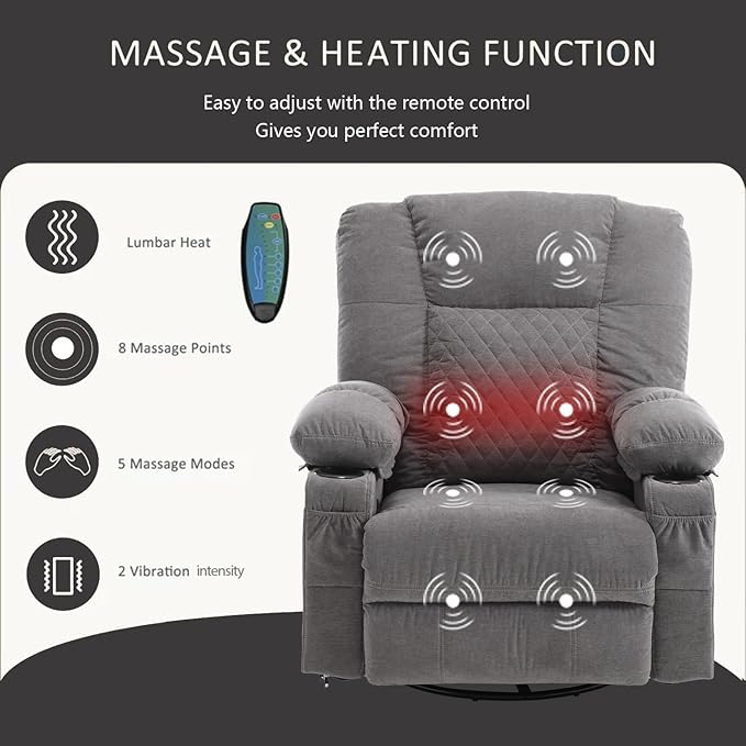 Rocker Recliner Chair with Heat and Massage Wide Seat Overstuffed Fabric Reclining Chair for Living Room Nursery Glider Rocking Chair Swivel Recliner with Cup Holder Grey