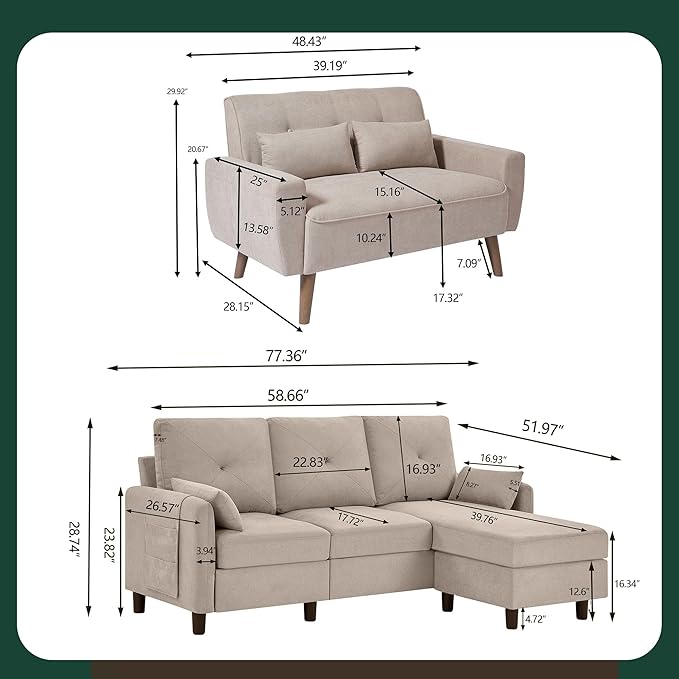 2 Piece Sofa Set Convertible L Shaped Couch with Reversible ChaiseModern 3 Seater Sofa and Loveseat Sectional Couch for Living Room Apartment Beige