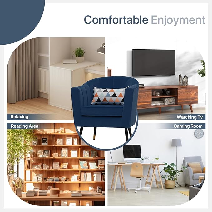 Mid-Century Modern Accent Chair Upholstered Armchair with Lumbar Pillow Single Sofa Chair with Metal Legs for Reading Comfy Barrel Chair for Living Room Bedroom Navy Blue