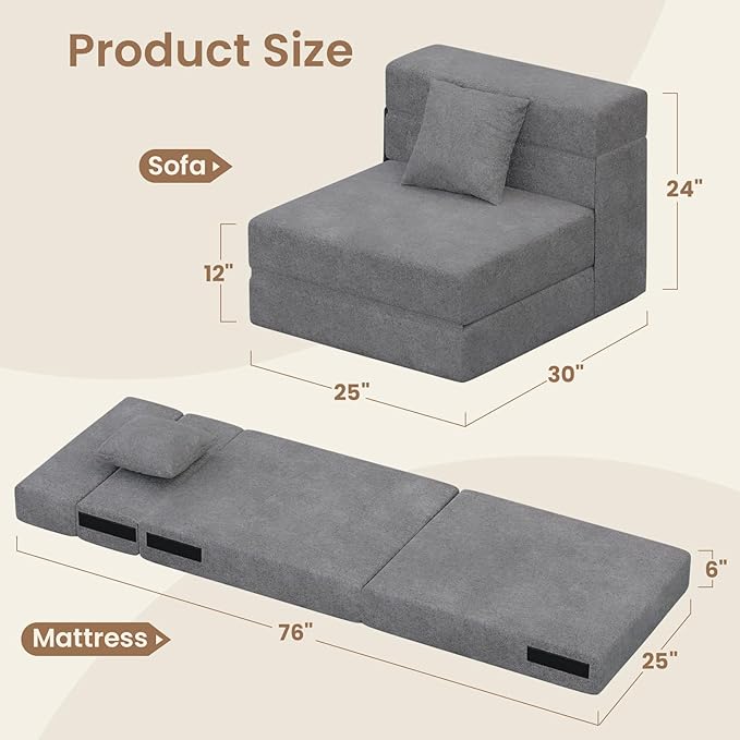 5-in-1 Convertible Folding Sofa Bed - Sleeper Chair with Pillow Fold Out Chair Bed Futon Couch Foldable Floor Mattress for Living Room/Dorm/Guest Use/Home Office/Apartment Single Dark Grey