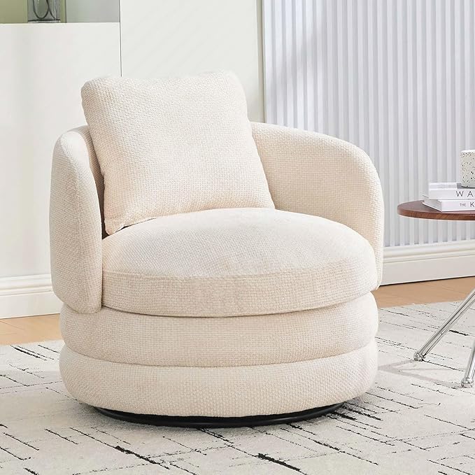 Swivel Accent Chairs 360° Round Swivel Barrel Chair with Pillow for Reading Room Bedroom Beige Chenille Armchair Single Club Chair for Living Room (Beige)