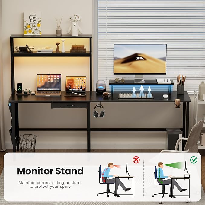 HLDIRECT L Shaped Desk with LED Light &amp Power Outlet 67 Inch Reversible Corner Gaming Desk with Storage Shelves &amp Drawer Computer Table with Monitor Stand Home Office Work Study Black