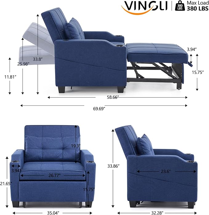 VINGLI Navy Blue Sleeper Chair Bed 3-in-1 Convertible Futon Sofa Bed Pull Out Couch Bed Adjustable Recliner Chair with USB Ports Cup Holders Side Pockets for Living Room Bedroom Small Spaces