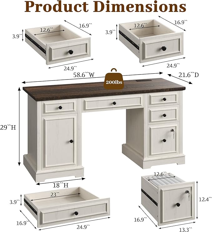 Vipbear 59 Executive Desk Farmhouse Computer Desk with Drawers Lockable File Drawer Storage Cabinet &amp Power Outlet Rustic Home Office Desks Workspace for Work Study Writing White