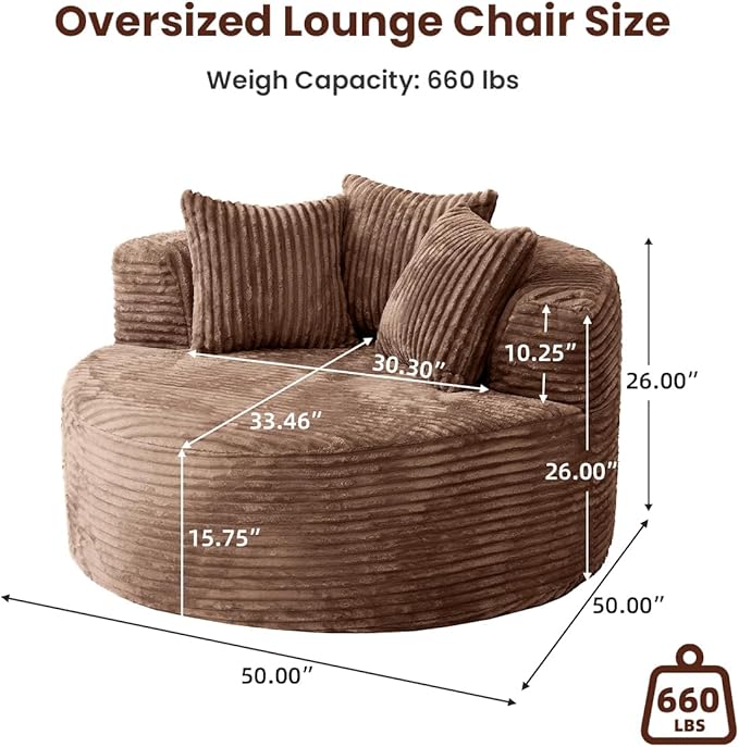 Oversized Round Chaise Lounge Chair Indoor 50'' Corduroy Single Floor Sofa Chairs Circle Deep Seat Sleeper Chair Modern Upholstered Boneless Sofa for Living Room Bedroom Apartment Brown
