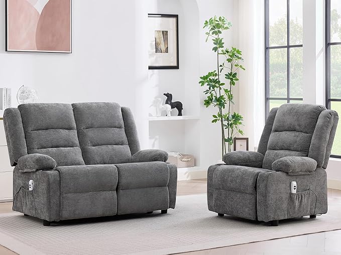52Inch Power Loveseat ReclinerElectric Reclining Loveseat SofaAdjustable Love seat Recliner Sofa for Living RoomBedroom with Charging Ports(Grey one seat+loveseat)