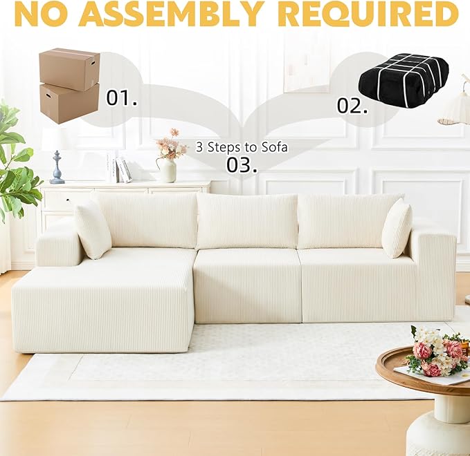 108” Boneless Couches for Living Room Cloud Modular Sectional Couch Modular Sectional Sofa with Deep Seat Modren Comfy Corduroy Fluffy Couch with L-Shaped Chaise No Assembly Required Light Beige