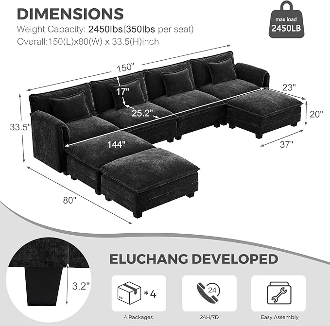 ELUCHANG Oversized 150 Modular Sectional Sofa Comfy Cloud Couch U Shaped Deep Seat Sofa Couches for Living Room 7-Seater Modern Sofa with Movable Ottoman DIY Combination - Chenille Black | Easy t