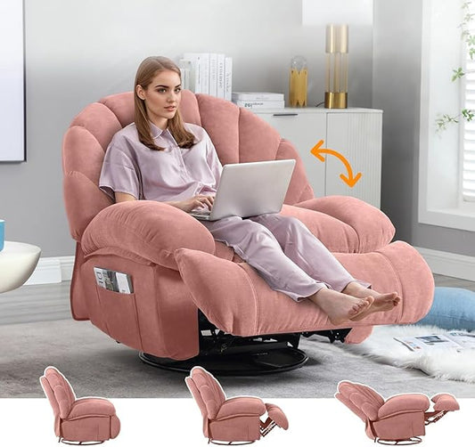 Swivel Rocker Recliner Chair – Shell Shape Manual Big Tall Single 360° Swivel Reclining Sofa with Storage Pockets | Small Space-Friendly for Living Room/Bedroom (NO Massage &amp Heat Pink)