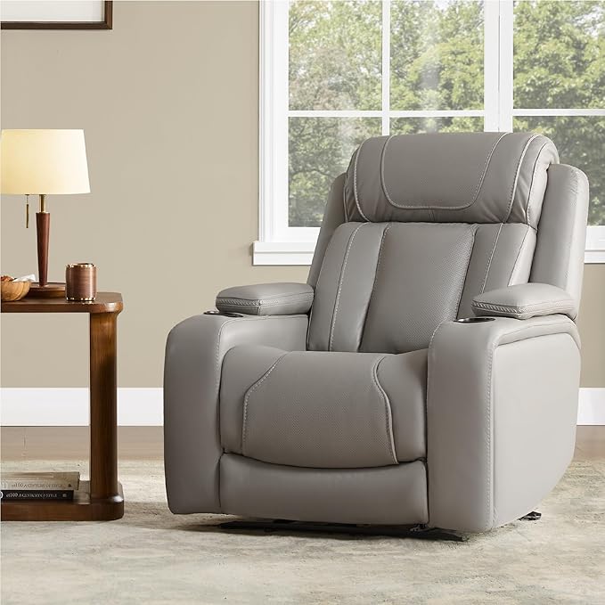 Watson &amp Whitely Super Zero Gravity Recliner Chair Oversized Genuine Leather Electric Recliner W Power Adjustable Headrest &amp Lumbar Support Hidden Storage for Living Room Light Grey