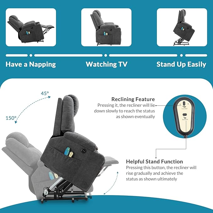 Power Lift Recliner Chair for Elderly Electric Massage Heated Recliner Chair Ergonomic Fabric Lift Chair with 2 Remote Controls USB Ports Cup Holders &amp Side Pockets for Living Room (Grey)