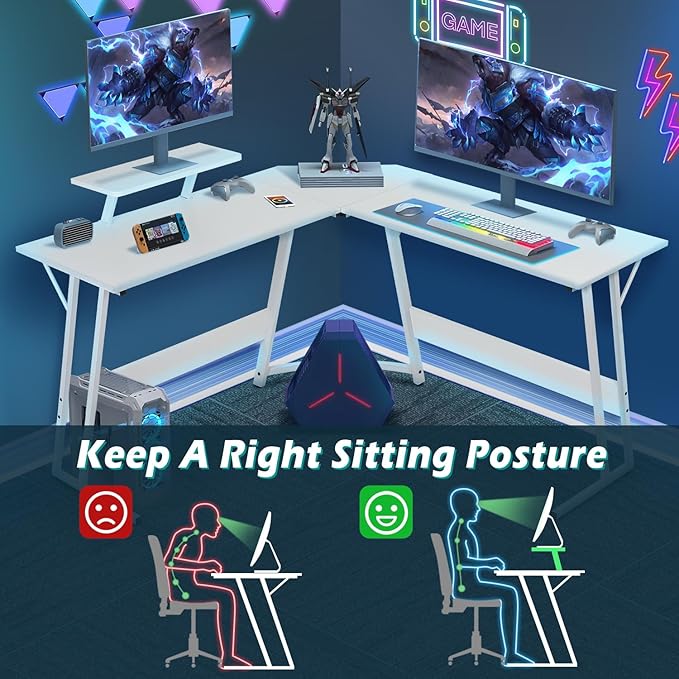 Dkelincs L Shaped Gaming Desk 51 Inch Computer Corner Desk Home Office Desks PC Gaming Table with Monitor Riser Stand for Home Office Writing Workstation White