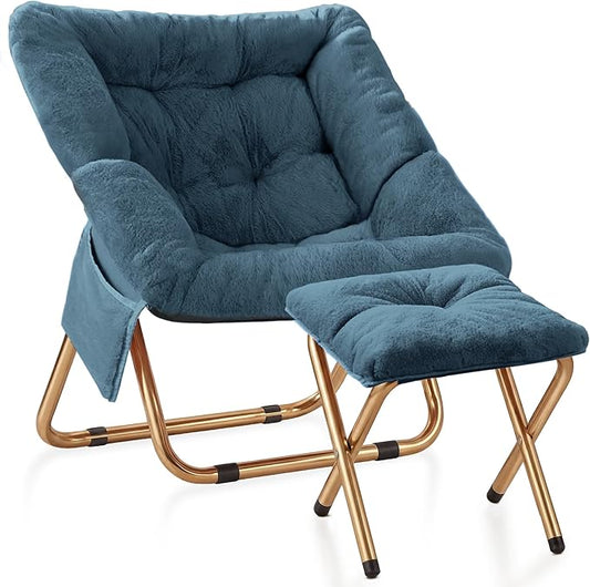 Comfy Saucer Chair Foldable Living Room Chairs Soft Faux Fur Lounge Chair for Bedroom Reading Chairs for Adults Teens X-Large (Blue Grey)