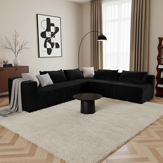Claiks 128 Modular U Shaped Sectional Couch Deep Seat Bonless Couches for Living Room Modern Couch with 6 Pillows No Assembly Required Black