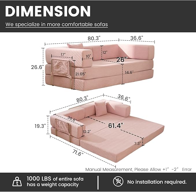 Convertible Sleeper Sofa Bed Corduroy Upholstered Modular Floor Couch Queen/King Size Foldable Futon with futon Memory Foam for Apartment Living Room Bedroom (Pink 80.15) | Convertible sofa bed
