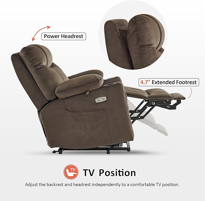 MCombo Small Size Triple Motor Power Lift Recliner Chair Sofa with Massage and Dual Heating Adjustable Headrest for Elderly People Petite USB Ports Extended Footrest Fabric 7222 (Coffee)