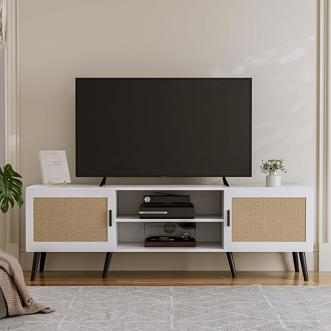 TV Stand for TVs up to 65'' Mid Century Modern Entertainment Center with Rattan Door Shelves &amp 2 Cabinets Boho Media TV Console for Living Room Bedroom White