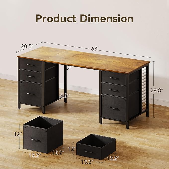 ODK 63 inch Computer Desk with File Drawers Cabinet Modern Office Desk with Large Storage for Home Office Study Gaming Vintage