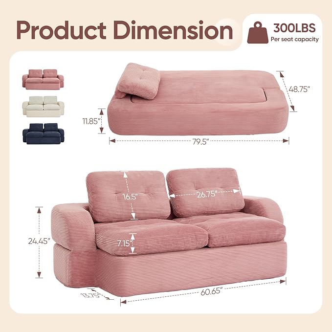 Sofa Bed Couch Convertible Futon Sofa Bed Foldable Boneless Couch No Assembly Love Seat Mattress Sleeper for Living Room Bedroom Apartment Pink