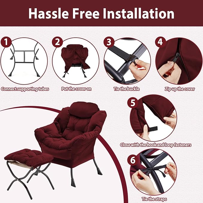 Lazy Chair with Folding Ottoman Accent Chair Velvet Upholstered with Metal Structure and Non-Slip Pads Sofa Armchair with Footrest and Side Storage Bag for Dorm Room Office Burgundy