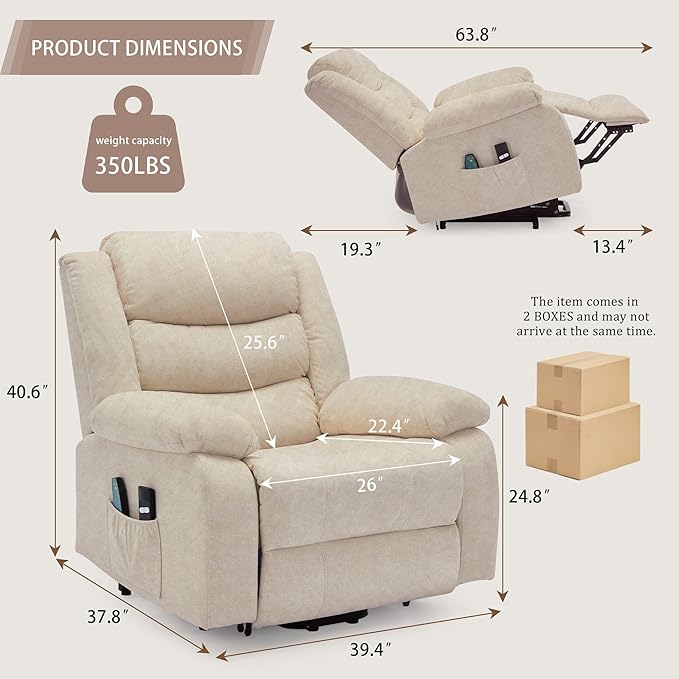 Oversized Power Lift Recliner for Elderly Extra Wide Electric Recliner Chairs with Massage and Heat Reclining Chair with Side Pockets Recliner for Living Room (Imitation Cashmere Khaki)
